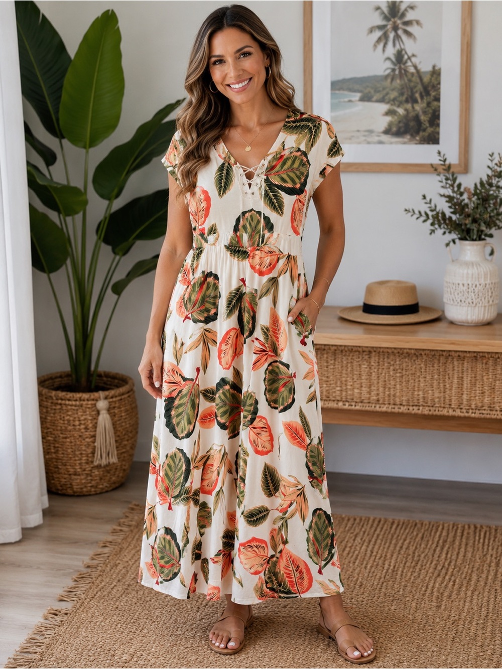 Chaps Tropical Leaf Maxi Dress - White with Green & Coral Leaves
